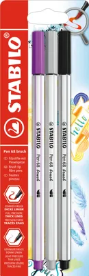 Produktbild von Premium-Filzstift mit Pinselspitze für variable Strichstärken - STABILO Pen 68 brush - 3er Pack - lila, mittelgrau, schwarz