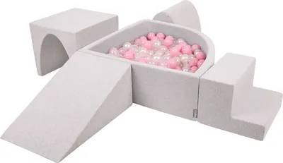 Produktbild von KiddyMoon spielplatz aus schaumstoff mit viertel eckig bällebad (200 bälle) hindernisläufe, hellgrau:puderrosa/perle/transparent
