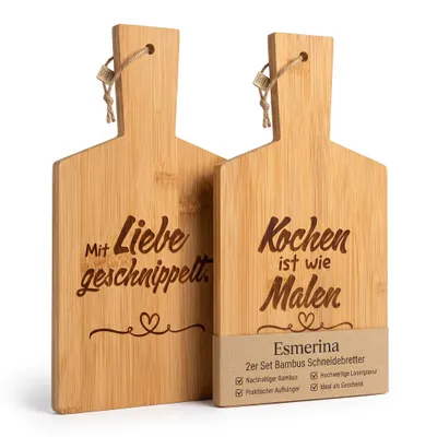 Immagine prodotto di hausleben Set da 2 taglieri in bambù con incisione e gancio - Tagliere da cucina con scritta, vassoio da portata, 26,5 x 14,1 x 1 cm