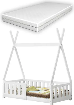 Produktbild von [en.casa] Kinderbett mit Matratze 70x140cm Weiß mit Rausfallschutz im Tipi Design aus Kiefernholz Jugendbett Bett Holzbett Hausbett