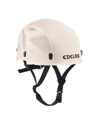 Ultralight Junior Kinderhelm von Edelrid; weiß mit Belüftungslöchern und verstellbarem Kinnriemen.