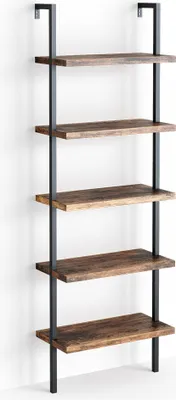 A tall, narrow bookshelf with five shelves, mounted against a white wall.