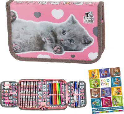 Produktbild von Federmappe Federmäppchen Federtasche mit Inhalt 22-teilig Buntstifte Kugelschreiber Lineal Anspitzer Fasermaler Radiergummi Cleo & Frank 39 Katze Cat Motiv inkl Hausaufgabenheft