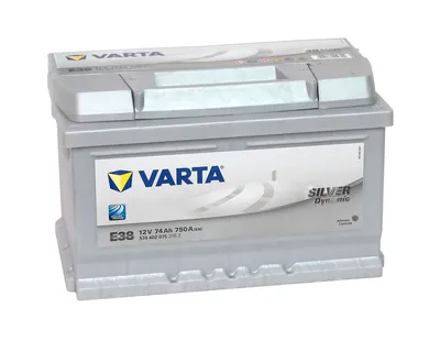 A Varta Silver Dynamic E38 car battery is shown against a white background.