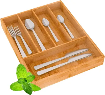 Produktbild von Besteckkasten Besteckeinsatz Schubladeneinsatz Besteckhalter 35x26x5cm(LBH) - für Küche Schubladen aus Bambus