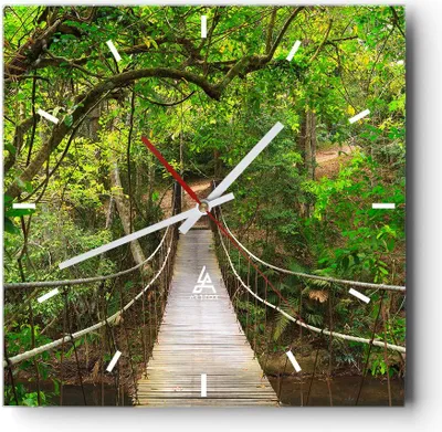 Produktbild von Wanduhr - Quadrat - Glasuhr - Fußgängerbrücke Wald Abenteuer - 40x40cm - Schleichendes Uhrwerk - Lautlos - zum Aufhängen bereit - Dekoration Modern - Wanddekoration aus Glas - C3AC40x40-2678