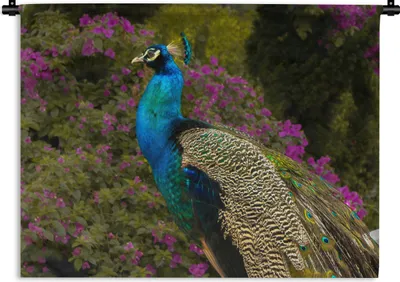 Produktbild von MuchoWow® Wandteppich Wandbehang Pfau - Blumen - Vogel 90x67.5 cm Tapisserie Dekoration Wandtuch - Fototeppich - Wand-Skulpturen