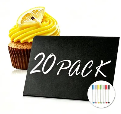 Produktbild von 20 Stück Mini Kreidetafeln, Beschriftbar, L-Form | Kleine Tafel für Preisschilder, Tischkarten, Buffet Schilder, mit 7 Stifte und Putztuch