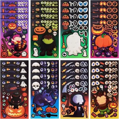 Productafbeelding van Halloween-feestspelletjesstickerset van papier - 32 vellen - 8 verschillende designs - Cadeautjes voor kinderfeestjes