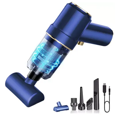 A blue handheld vacuum cleaner with several attachments and a USB charging cable, displayed on a white background.