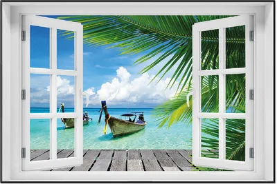 Produktbild von Wallario Wandbild mit Fenster-Illusion: Sonnenboot in der Karibik, Größe: 61 x 91,5 cm, Poster mit schwarzem Aluminiumrahmen