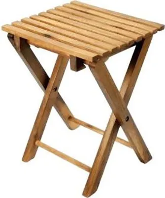 A wooden folding stool shown against a white background.