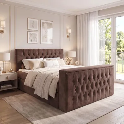 Produktbild von ELVORA DESIGNE Boxspringbett 160x200 cm HALO mit Bonellmatratze H3 & Topper, Bettkasten, Braun