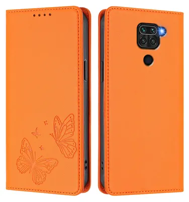 Produktbild von Lederhülle für Xiaomi Redmi Note 9 4G, Schmetterling Prägung Leder Brieftasche Schutzhülle mit Ständer Orange