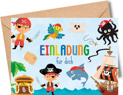 Produktbild von MeinBaby123® 10 Einladungskarten Kindergeburtstag inkl. Umschläge | Piraten
