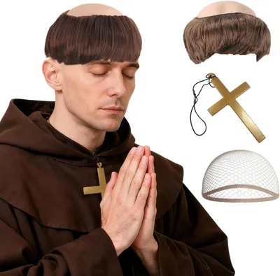 Produktbild von Mönch Perücke braun, Tonsur mit Latex Haarnetz, für Erwachsene, Karneval Kostüm