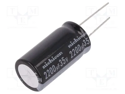 Zdjęcie produktu dla 1 x Kondensator elektrolityczny: średnica Ø18x35,5 mm, montaż przelotowy, 35VDC, pojemność 2200µF, tolerancja ±20%, oznaczenie UKL1V222MHD