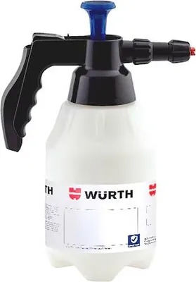 A white pump sprayer with a black handle and blue pump mechanism, against a white background.