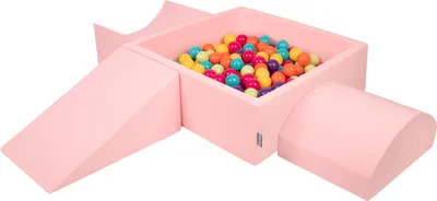 Produktbild von KiddyMoon spielplatz aus schaumstoff mit quadrat bällebad (300 bälle) ballgruben für babys spielbad hindernisläufen, hergestellt in der eu, pink:hellgrün/gelb/türkis/orange/dunkelpink/violet