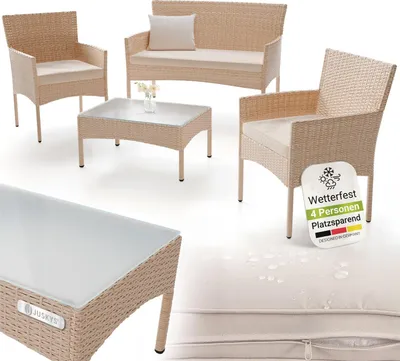 Produktbild von Juskys Polyrattan Gartenmöbel-Set Fort Myers - Tisch, Sofa & 2 Stühle - creme