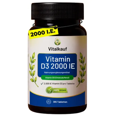 Produktbild von Vitamin D3 2000 I.E. – 365 vegane Tabletten – für normale Knochen, Muskelfunktion & Immunsystem – Langzeitvorrat – labore Qualität