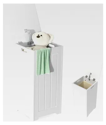 Produktbild von Wäschekorb mit Deckel und herausnehmbarem Wäschesack, Wäschesammler 30 cm breit, Wäschetruhe aus Holz, schmaler Badschrank, Aufbewahrungsschrank für Badezimmer und Waschküche, weiß