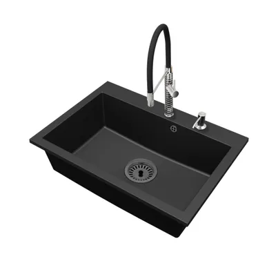 Produktbild von Granitspüle Küchenspüle Einbauspüle 1 Becken Elite 70 mit Armatur Schwarz, Seifenspender und Siphon Schwarz