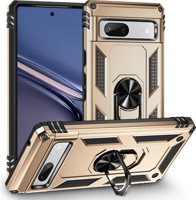 Produktbild von Schutzhülle für Google Pixel 7A, Dual Layer Robust Militäre Fallschutz Hülle mit Ringhalterung Ständer Gold