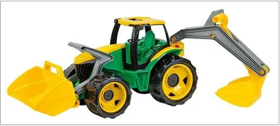 A toy tractor with a front loader and a rear excavator.