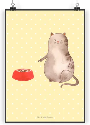 Produktbild von Mr. & Mrs. Panda Bild Katze Fressen DIN A5 - Gelb Pastell - Geschenk, drucke, Wandbild, Plakat, wanddeko, Kunstdruck