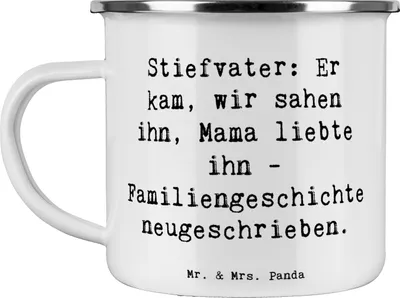 Produktbild von Mr. & Mrs. Panda Teetasse Spruch Stiefvater Liebe - Weiß - Geschenk, Dankeschön, Teebecher, Liebvoll, Familie, Emaille Becher, Pott, Haferl, Tasse, Stiefkinder, Verwandte