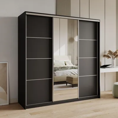 Produktbild von Masseno Schiebetürenschrank VARO 180/205/60 cm Kleiderschrank mit 4 Schubladen Schlafzimmer Schrank 3-türig mit Spiegel Schwarz