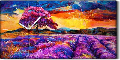 Produktbild von Leinwand Wanduhr Wandkunst Uhr 60x30 Gemälde Wiese Baum Himmel Sonnenuntergang - weiße Hände