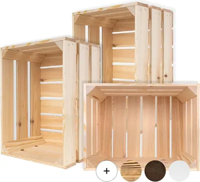 Three wooden crates are arranged in a staggered formation against a white background.