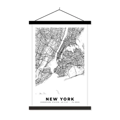 Produktbild von MuchoWow® Textilposter New York - Stadtplan - Schwarz und weiß - Karte 60x90 cm mit schwarzem Rahmen - Poster Wohnzimmer