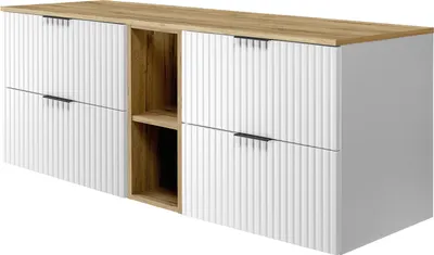 Image de Armoire de salle de bains, Blanc / Chêne Craft + poignée noire, 140 x 57 x 46 cm