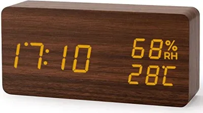Zdjęcie produktu dla Drewniany budzik cyfrowy, 12/24 godziny, 3 poziomy regulowanej jasności, możliwość ustawienia temperatury/wilgotności/daty, USB -L