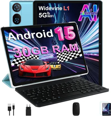 Produktbild von Tablet 10 Zoll Android 15 mit Tastatur, Gemini AI, 30GB RAM, 64GB ROM, 2TB Erweiterbar, GPS, Face ID, Widevine L1, WLAN