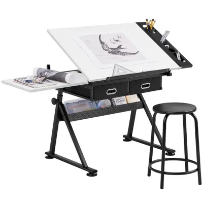 Produktbild von Yaheetech Zeichentisch mit Hocker, Architektentisch, verstellbare Tischplatte, Schreibtisch mit Schubladen, höhenverstellbar, weiß
