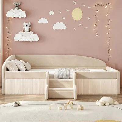 Immagine prodotto di Letto per bambini MODFU, 90x190 cm, trasformabile in divano, imbottito in velluto, con sponde imbottite e protezioni laterali, design moderno, colore beige, senza materasso