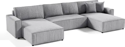A gray sectional sofa with a U-shape is shown from a slightly elevated, front-facing angle against a white background.