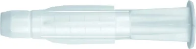 A close-up, isolated view of a white plastic building anchor or dowel.