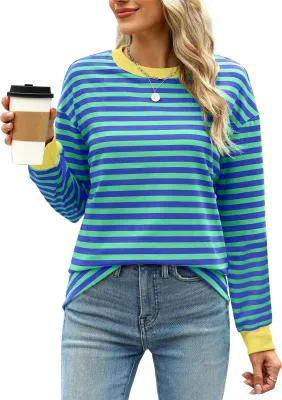 Image de ASKSA T-shirt femme col rond manches longues T-shirts rayés Basic Elegant Casual Lose Tunique femme Hauts (Bleu-Jaune,M)