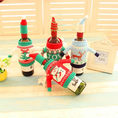 Produktbild von 4pcs Xmas Flasche Abdeckung handgefertigt gestrickt Cartoon dekorative Weinflasche Pullover Abdeckung für Party Home Decor