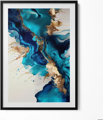 Produktbild von Flüssige Abstraktion mit Gold– Wandbild mit Rahmen – Gerahmtes Bild  – Wanddekoration – 70x100 cm –  Schwarz Rahmen