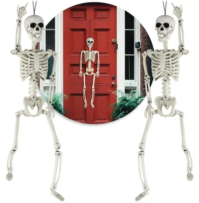 Produktbild von com-four® 2x 90cm Deko Skelett für Halloween - XXL-Skelett aus Kunststoff zum Aufhängen und Aufstellen - Skelett mit beweglichen Gelenken - hoher Grusel-Faktor für Halloween