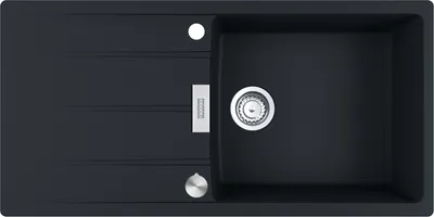 A top-down view of a black kitchen sink with a silver drain and faucet.