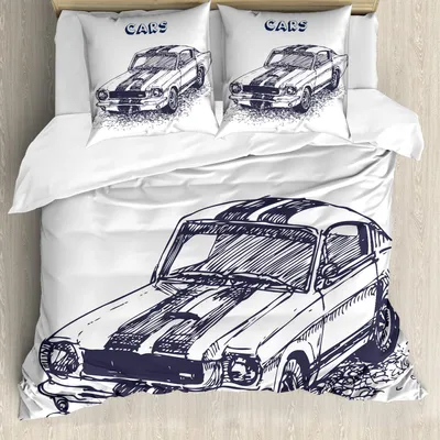 Produktbild von ABAKUHAUS Schwarz und weiß Bettbezug Set, Schmutz Art Alte Nostalgisches Sport Auto Thema Fahrzeug Manner Entwurf, 155 x 220 cm + 80 x 80 cm, Weiß Schwarz