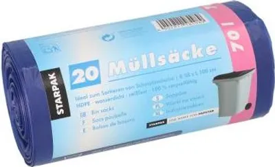 Produktbild von Müllsäcke, HDPE 70 l 100 cm x 58 cm blau 23 my