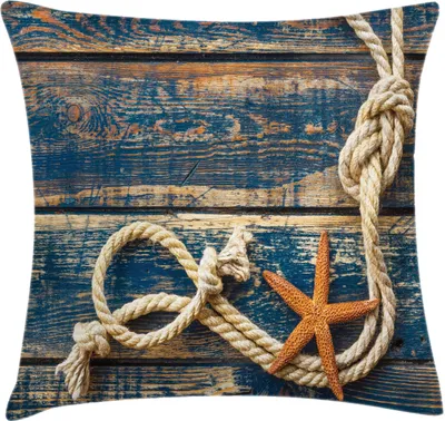 Produktbild von ABAKUHAUS maritim Kissenbezug, Marine Seil und Seestern auf alten Holzbohlen Hintergrund Bild, 40 x 40 cm, Nachtblau Bernstein